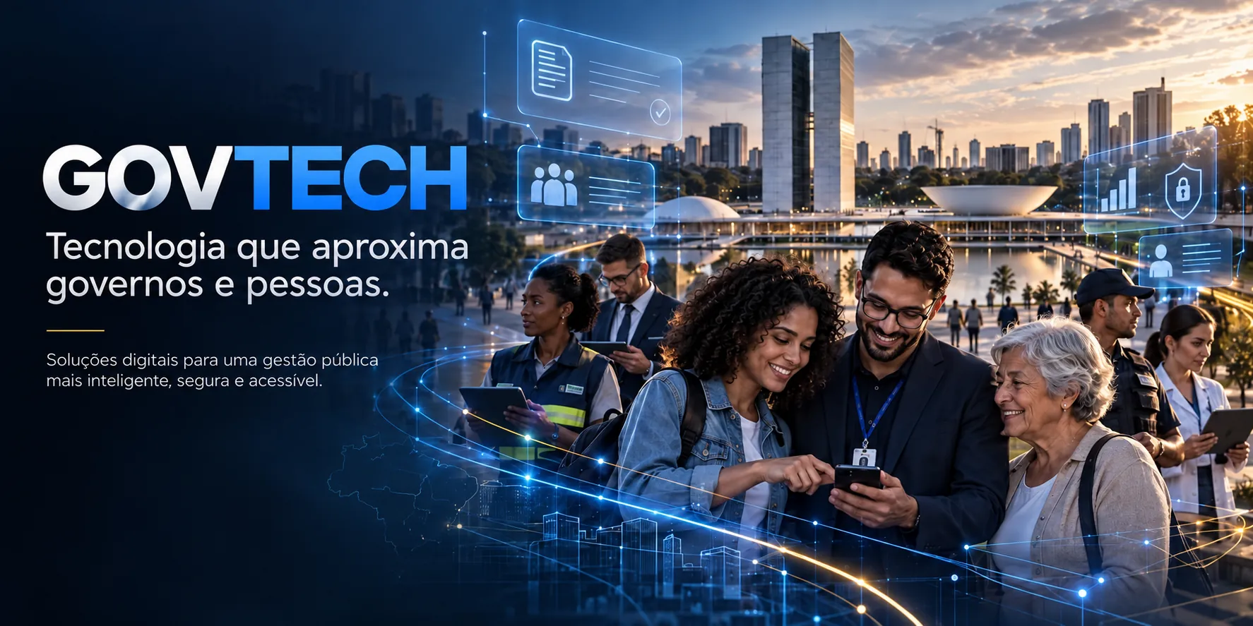 Cidadãos e servidores públicos usando serviços digitais em Brasília